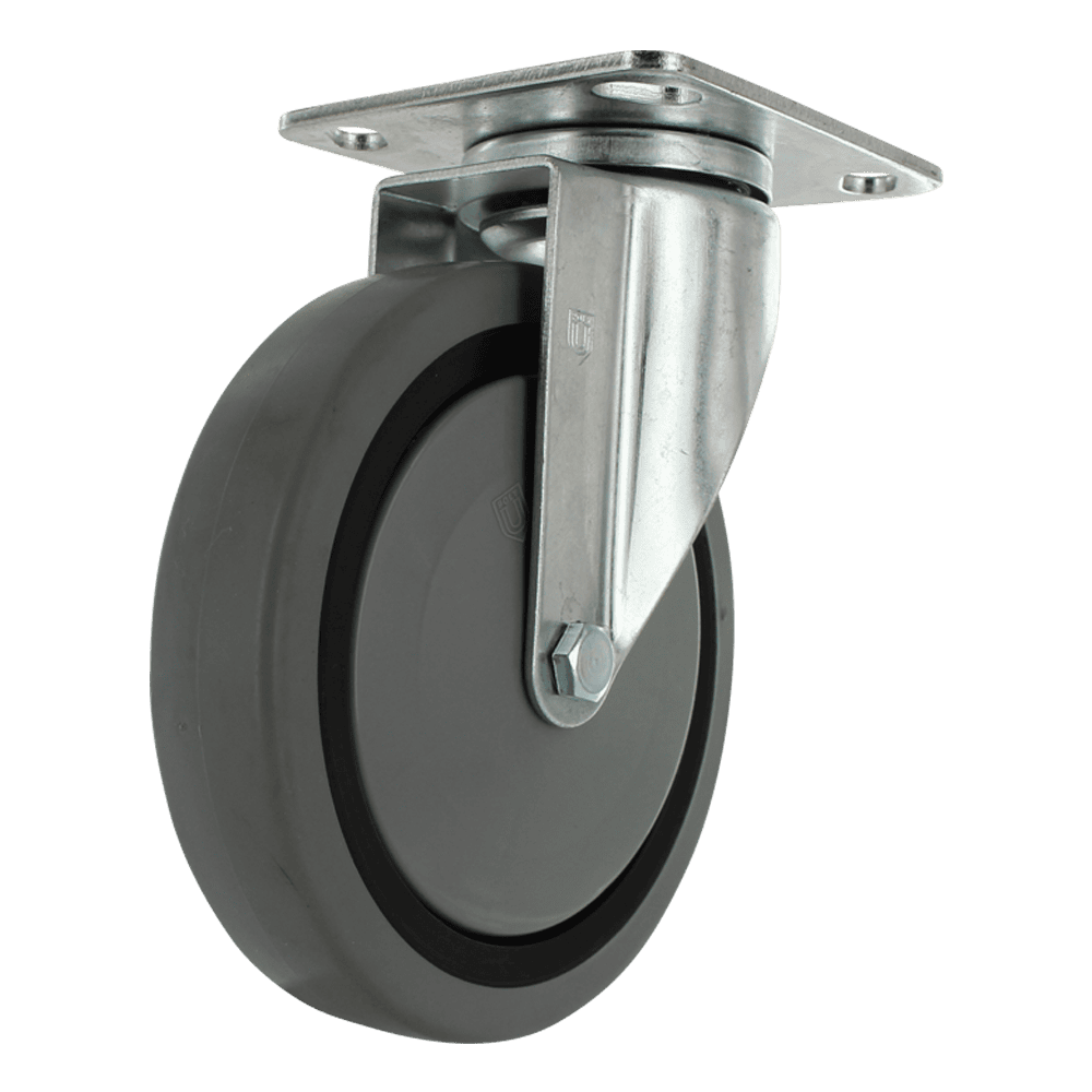 Industrial caster wheel with durable rubber tire and metal mounting plate.
