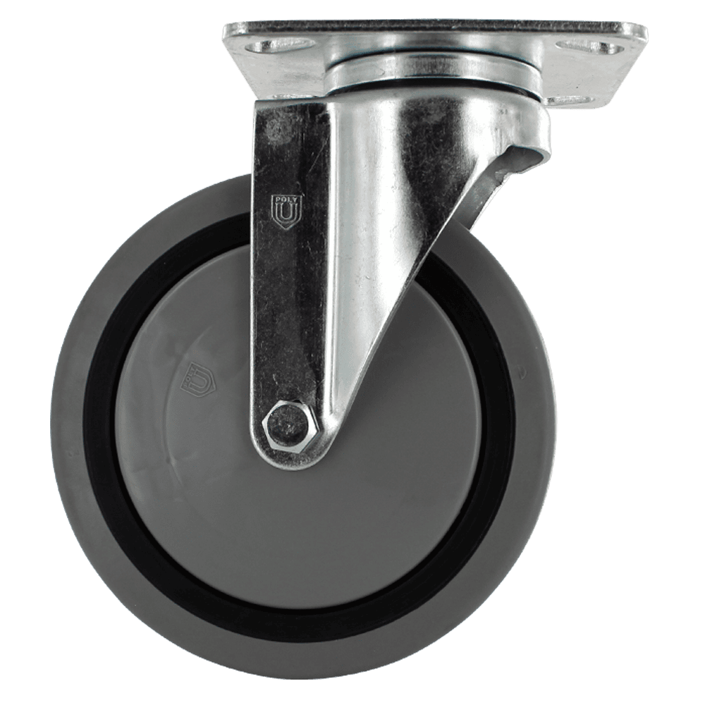 Industrial caster wheel with durable rubber tire and metal mounting plate.