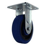 Industrial caster wheel with blue rubber tire and metal mounting plate for heavy loads.