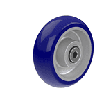 Caster wheel with durable blue rubber and metal core for smooth mobility.