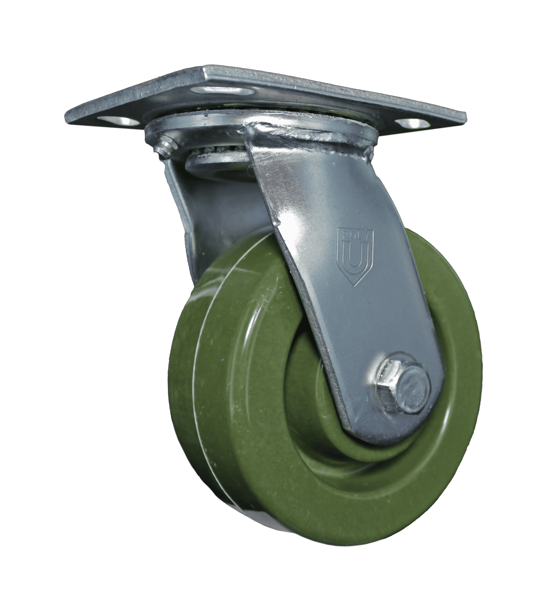 Industrial green caster wheel with metal mounting plate and durable rubber wheel.