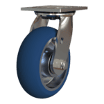 Heavy duty industrial caster wheel with blue polyurethane tread and stainless steel frame.