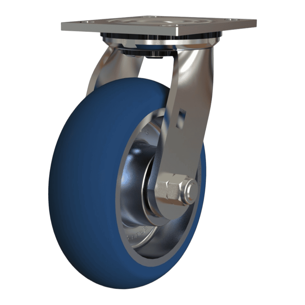 Heavy duty industrial caster wheel with blue polyurethane tread and stainless steel frame.