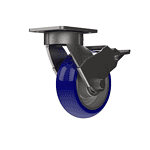 Industrial caster wheel with durable blue rubber tire and sturdy black metal frame for heavy loads.
