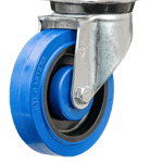 Industrial caster wheel with blue polyurethane tread and metal mounting plate.
