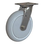 Industrial caster wheel with sturdy metal mounting plate and durable rubber tire.