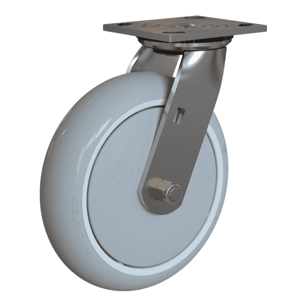 Industrial caster wheel with sturdy metal mounting plate and durable rubber tire.