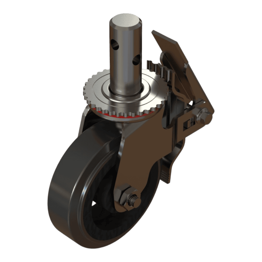 Heavy-duty caster wheel with locking mechanism for industrial applications.