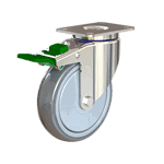 Quality industrial caster wheel with green locking brake for equipment mobility and stability.