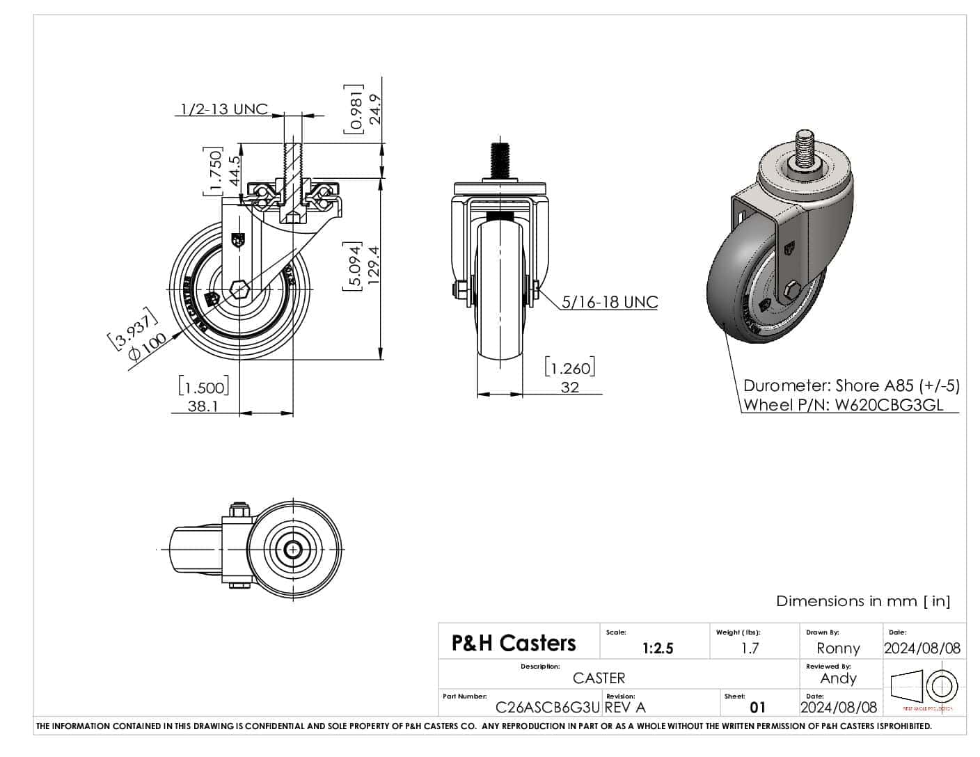 P&H Casters heavy-duty caster wheel with durable rubber tread and sturdy metal frame.