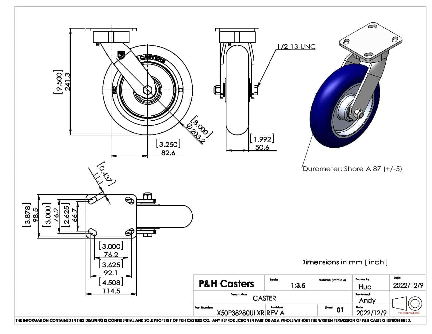 Industrial caster wheel with durable construction and swivel design.