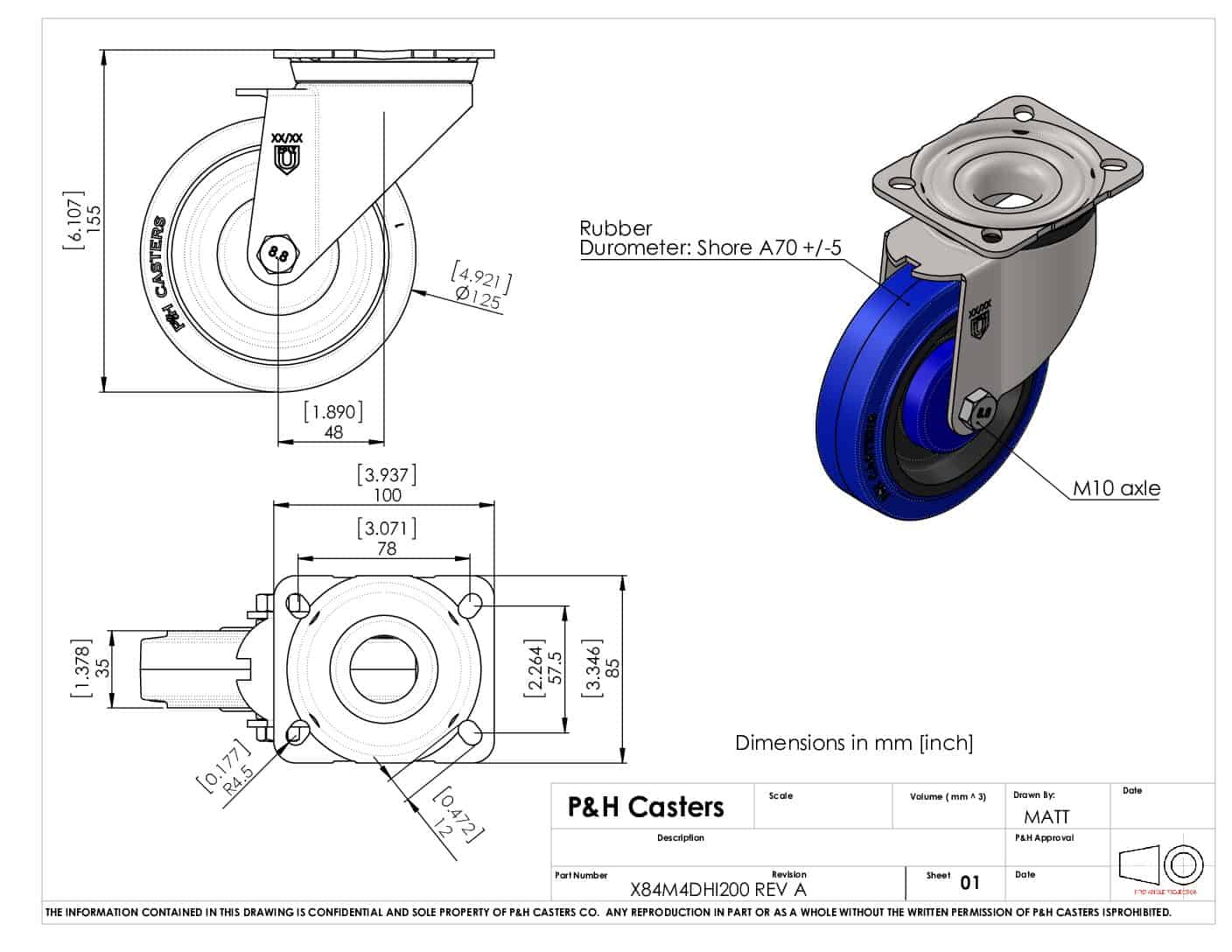 Industrial caster wheel with M10 axle and rubber durometer Shore A70+/-5.