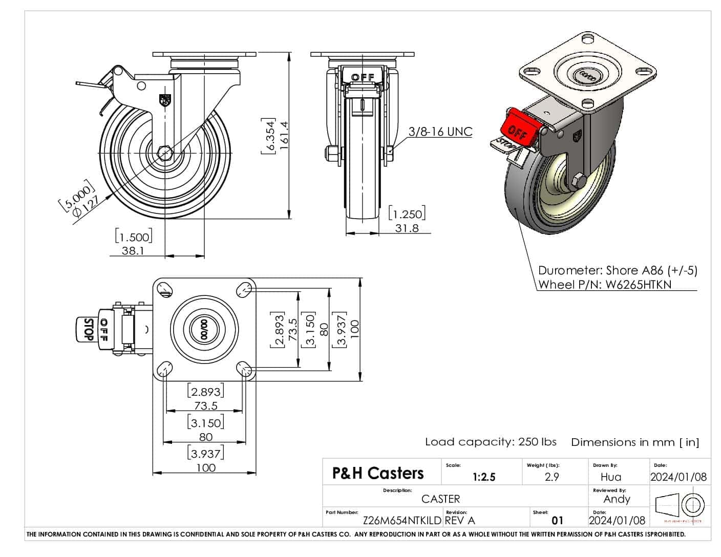 Heavy Duty Caster Wheel with Load Capacity 250 lbs for Industrial Equipment.