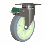 Heavy-duty caster wheel with brake for industrial applications.