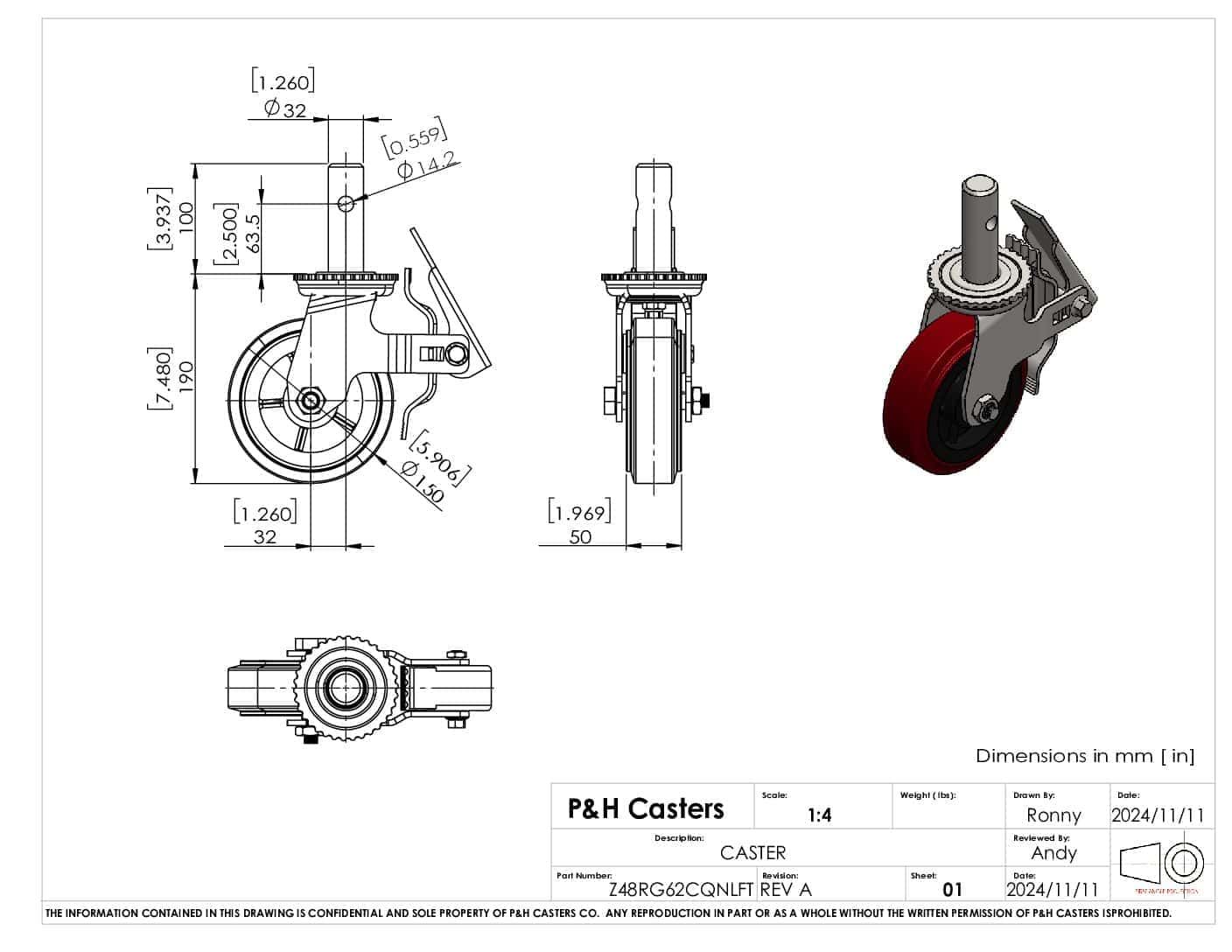Wheel caster for industrial equipment and furniture.