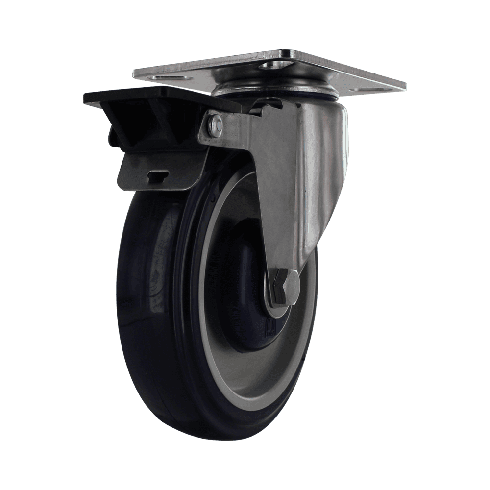 Heavy-duty stainless steel caster with TPU wheel and top brake for mobility.