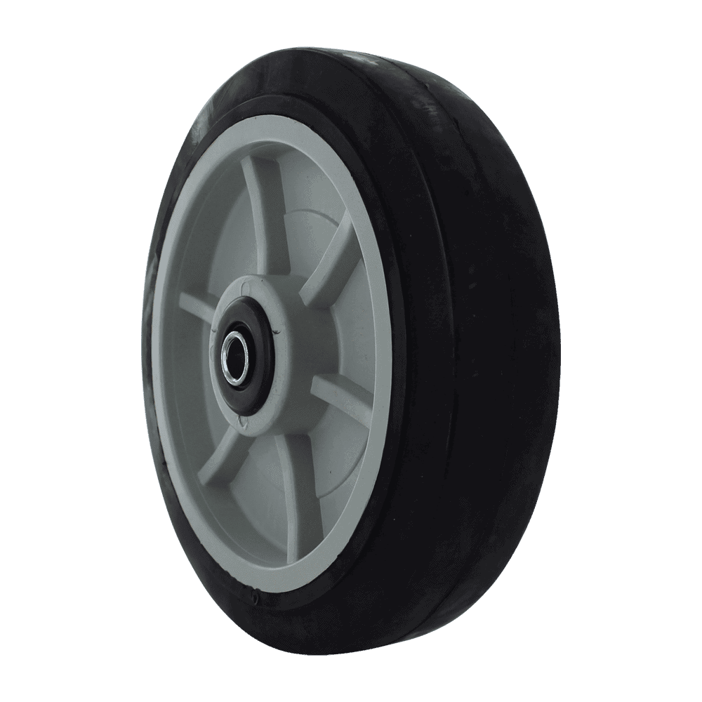 Heavy-duty caster wheel with rubber tire and plastic hub for industrial equipment.