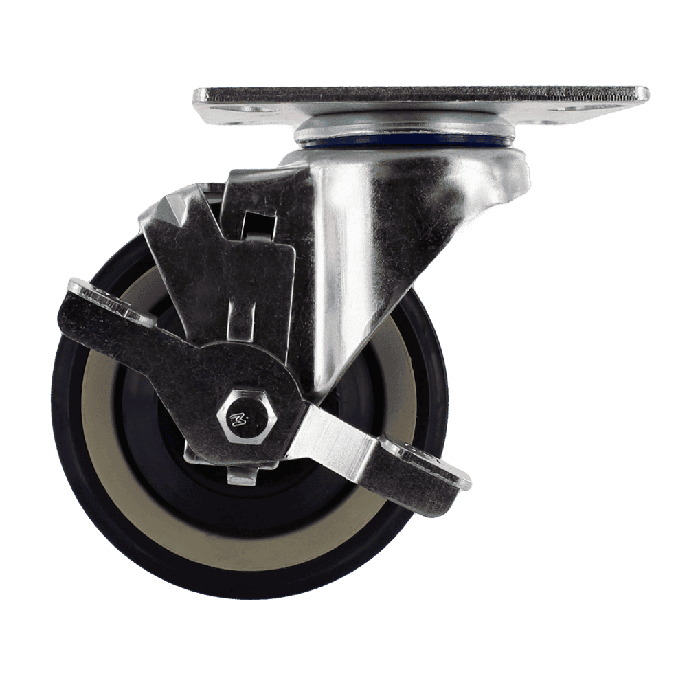 Industrial caster wheel with brake for heavy equipment mobility.