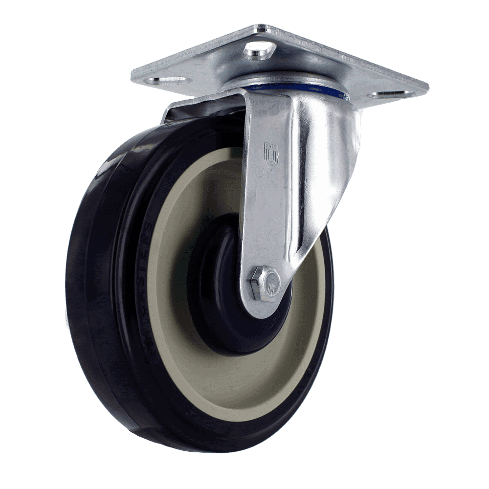 Industrial caster wheel with metal mounting plate and rubber tire for heavy loads.
