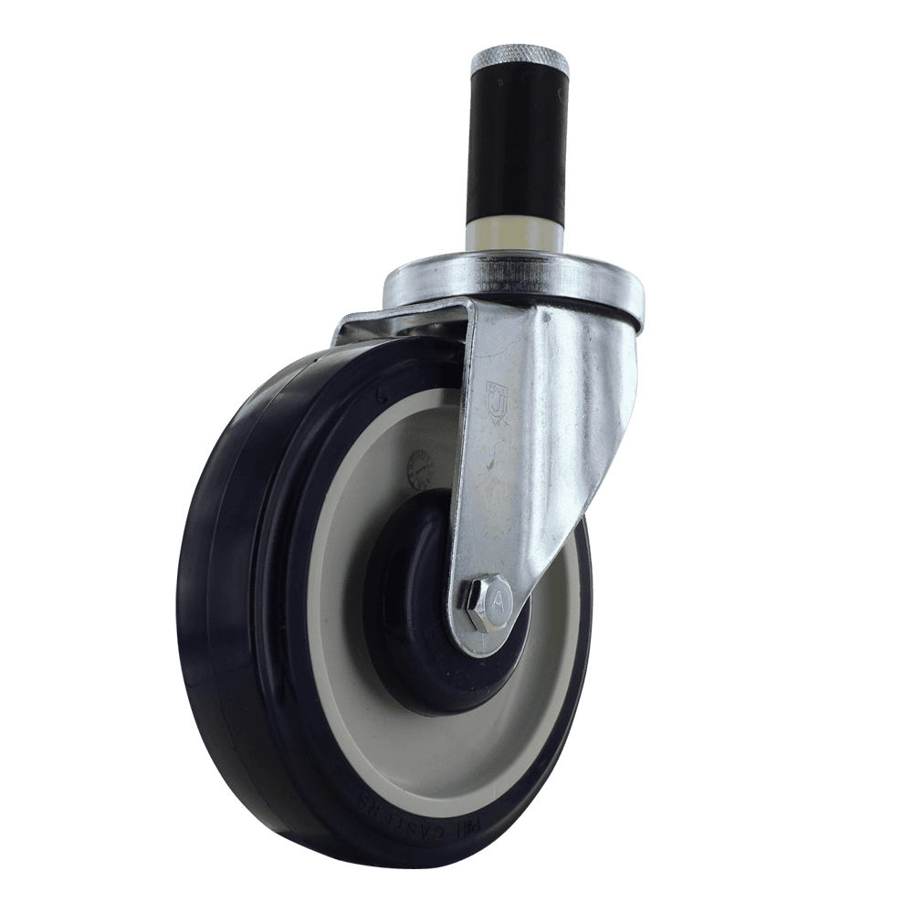 Industrial caster wheel with metal frame and rubber tire for heavy loads.