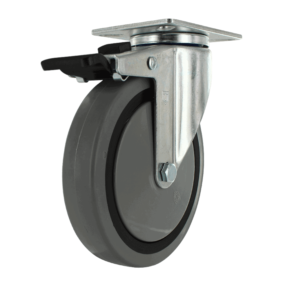 Industrial caster wheel with metal mounting plate and rubber wheel for heavy loads.