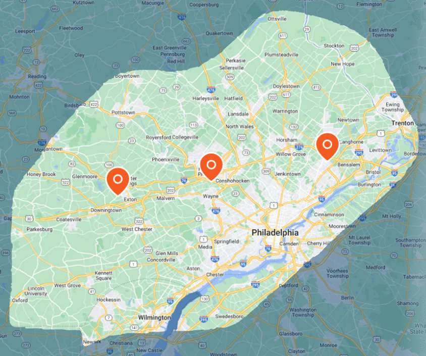 A map spotlighting the service area around Philadelphia, featuring three marked locations: Exton, Conshohocken, and a point northeast of the city.