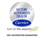 Discover more about us with the Carrier Factory Authorized Dealer logo, featuring the slogan "turn to the experts" and "100% Satisfaction Guaranteed" text.