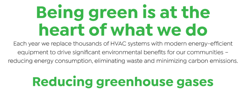 Text about us reads: "Being green is at the heart of what we do," detailing our commitment to replacing HVAC systems to lower energy consumption, waste, and carbon emissions. We are dedicated to reducing greenhouse gases.