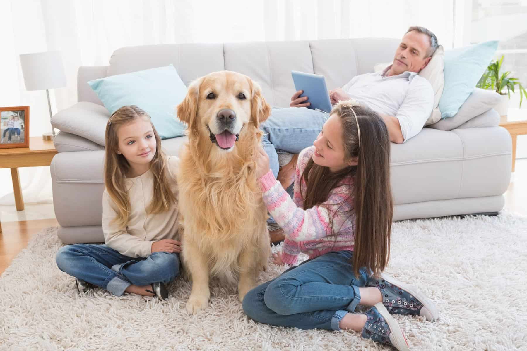 Two girls sit on a carpet petting a golden retriever, while a man reclines on a sofa in the background, tablet in hand, reminding himself to schedule AC service.