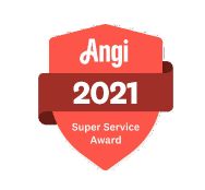 Red shield-shaped badge with a red ribbon displaying "Angi 2021 Super Service Award.