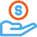 The icon of an open blue hand with a hovering orange coin, marked by a dollar sign, illustrates the concept of giving or receiving money—perfect for highlighting 24/7 emergency service support.
