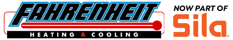 Logo of Fahrenheit Heating & Cooling, now part of Sila, showing red and black text with a stylized thermometer graphic.