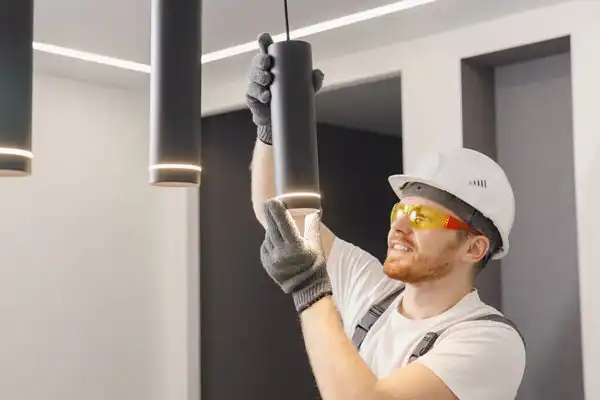 A technician in Philadelphia, PA, wearing a hard hat, gloves, and safety glasses is expertly adjusting a cylindrical ceiling light fixture in a modern room.