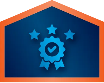 Blue badge with a check mark and ribbons, flanked by three stars, inside an orange-outlined pentagon on a dark blue background.