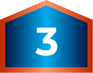 A blue house-shaped graphic with an orange border and a large white number 3 in the center, representing tailored financing options for your home.