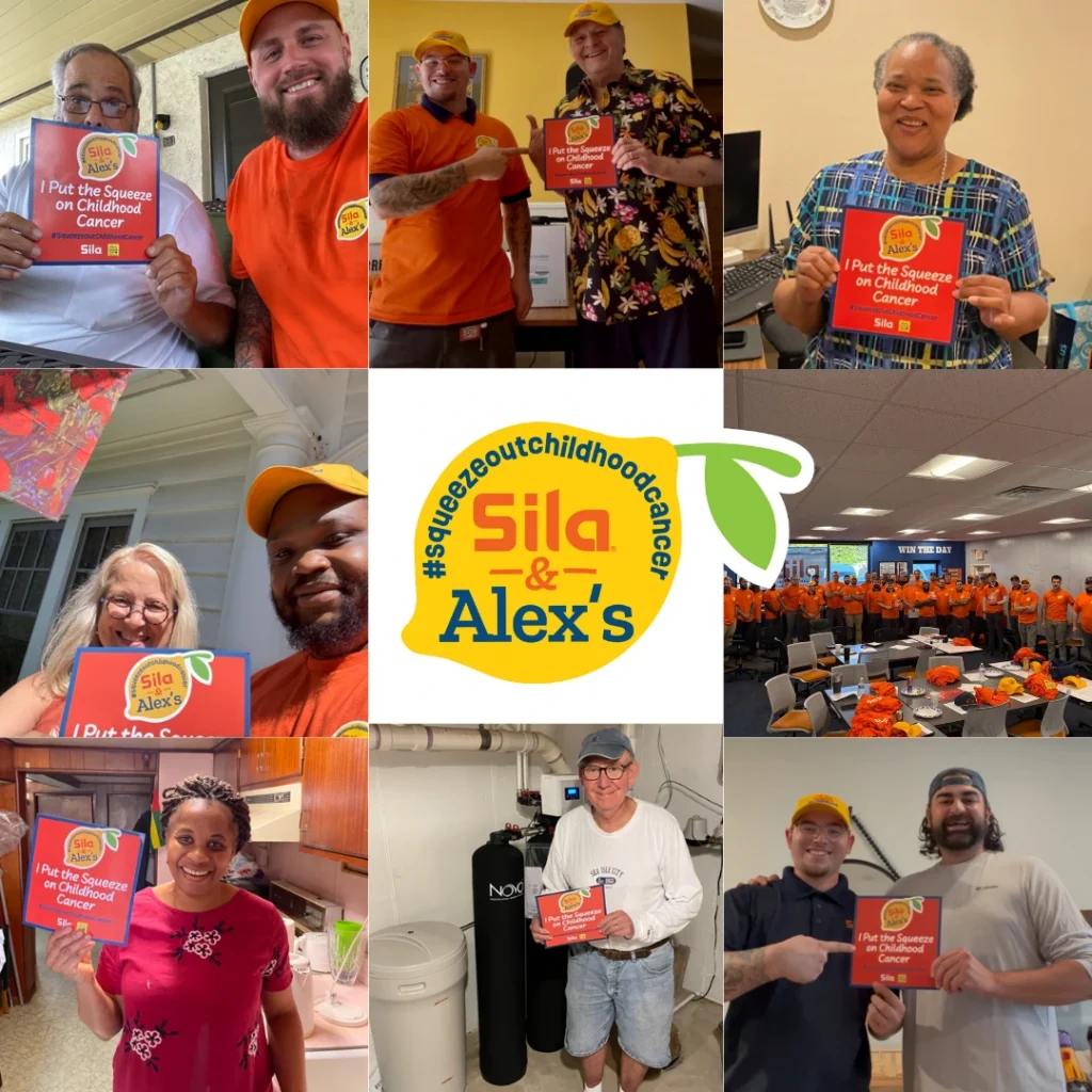 A vibrant collage of people in orange holding signs reading “I Put the Squeeze on Childhood Cancer,” proudly supporting Alex’s Lemonade charity, with the Sila & Alex’s logo and a group photo in an office setting.