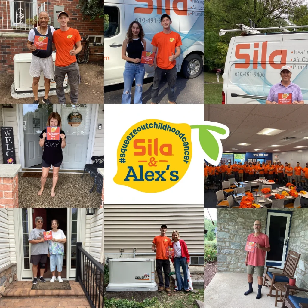 A collage shows people with certificates, Sila employees in orange shirts, a Sila service van, and the Sila & Alex’s Lemonade Stand Foundation logo for childhood cancer awareness—a vibrant celebration of charity and support for Alex’s Lemonade in the fight against childhood cancer.