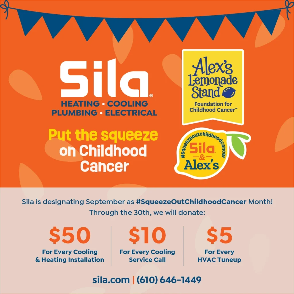 Sila promotion for Alex’s Lemonade Stand; $50, $10, or $5 donated for select services in September to support childhood cancer awareness with Alex’s Lemonade. Contact info and hashtags shown.