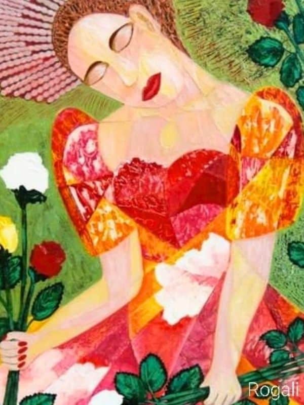 Colorful painting of a sleeping woman in a red and orange dress reclining among roses and green foliage.