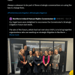 This is a screenshot of PILS' repost of a NI Human Right Commission X post, thanking NIHRC for inviting us to a strategic litigation roundtable.