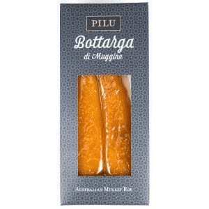 Premium bottarga di muggine in packaging with a blue and gold design.