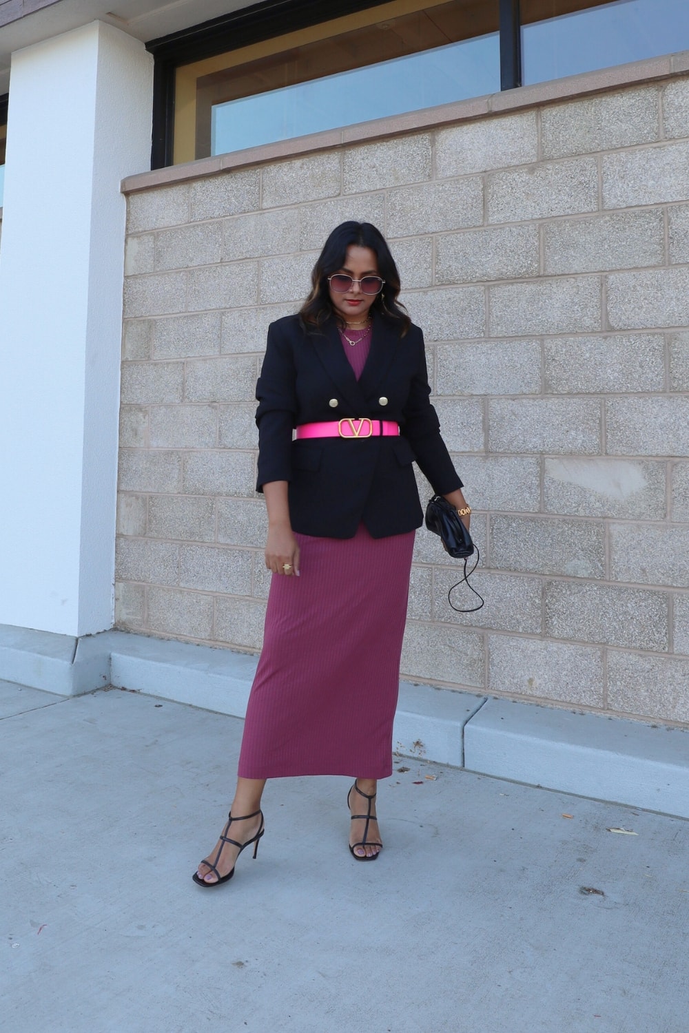 Wear belt over blazer with dress