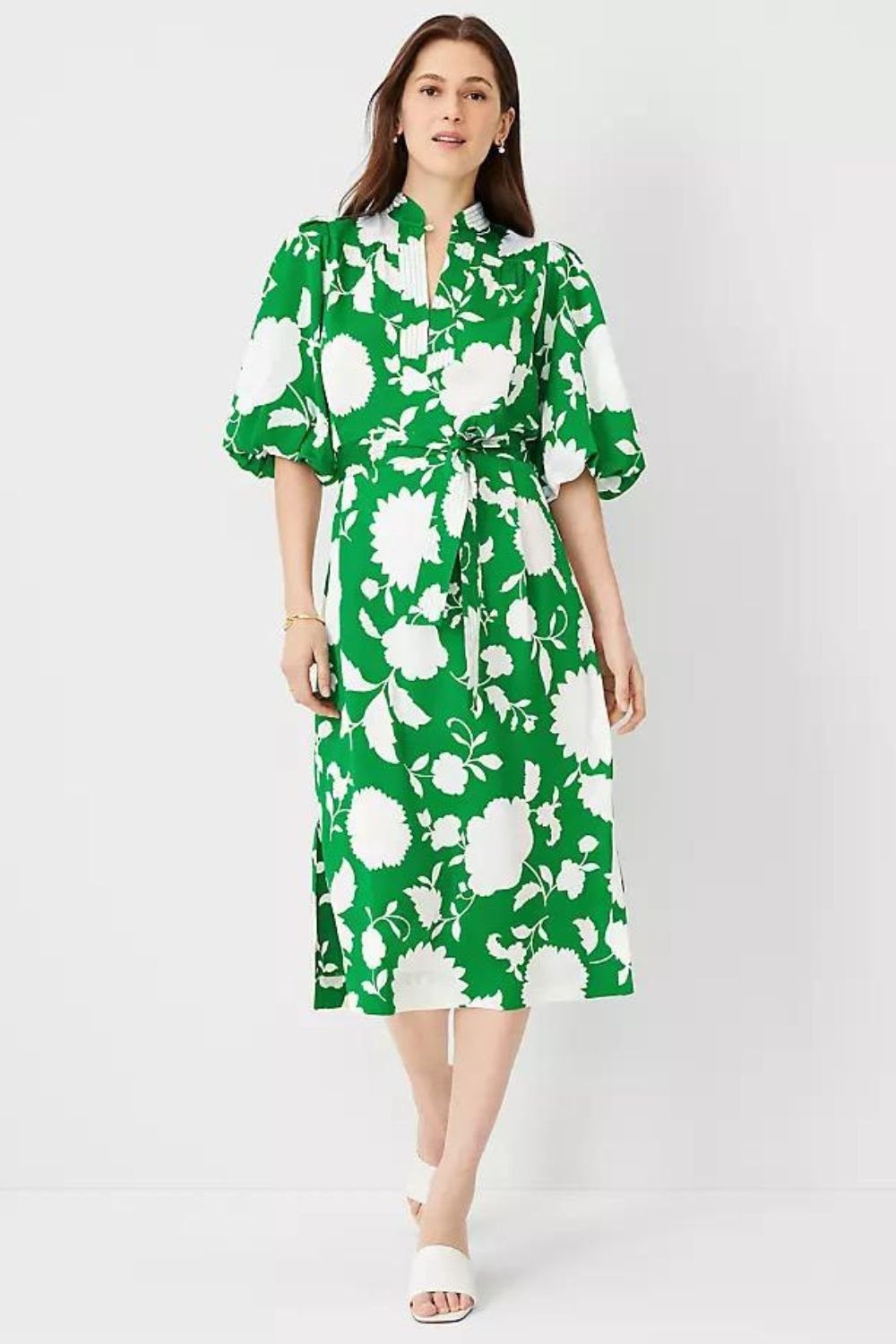 Ann Taylor Floral Split Neck Midi Dress