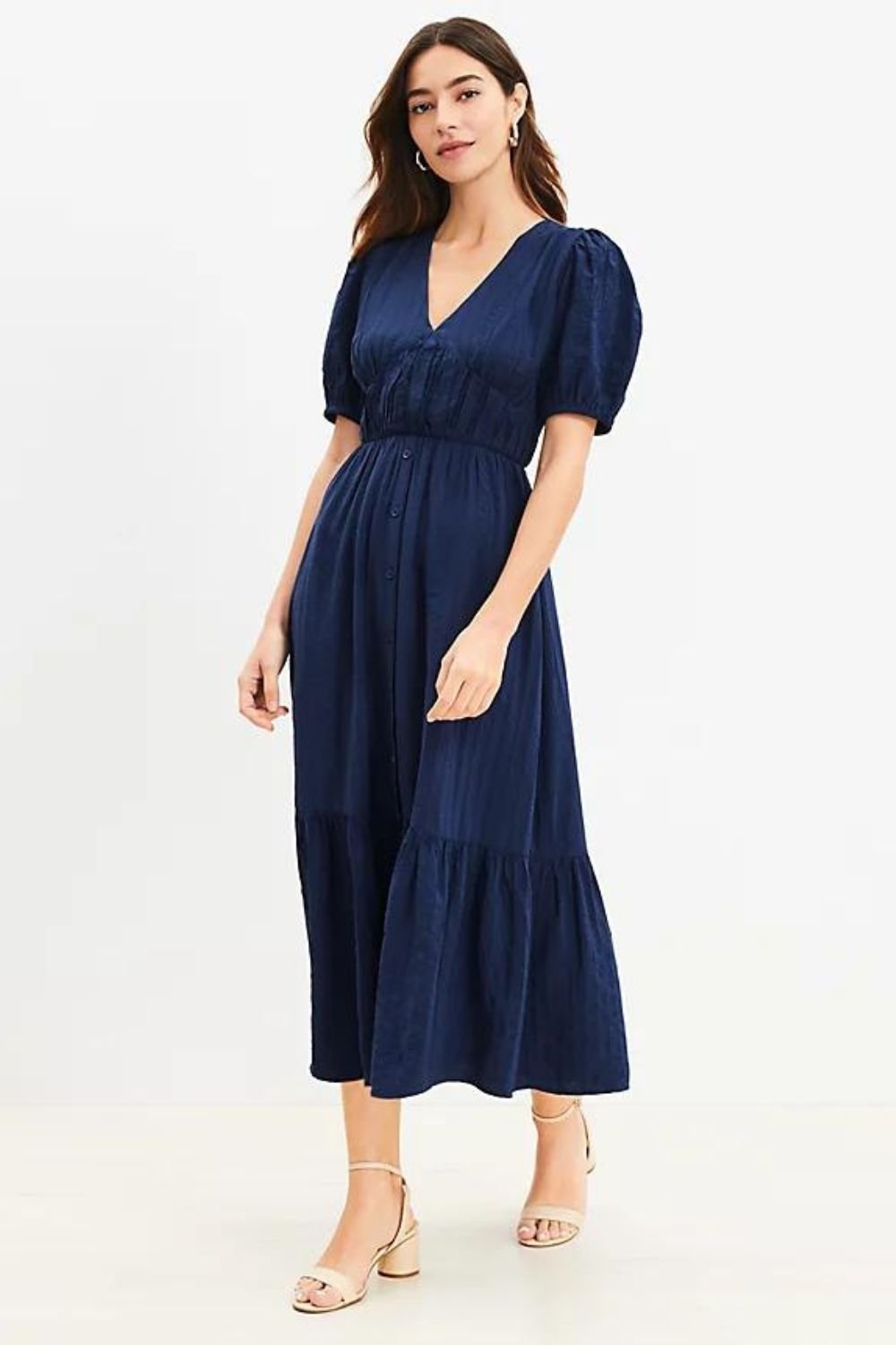 Loft Textured Balloon Sleeve Flounce Midi Dress