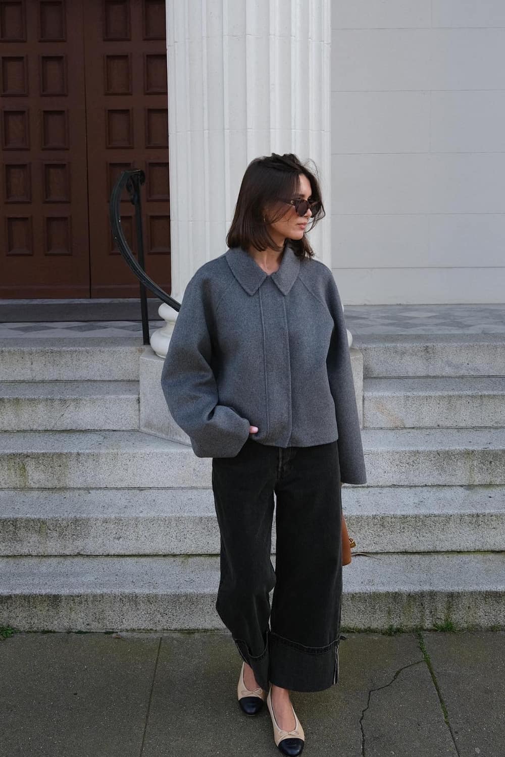 Bomber jacket outfit with wide leg jeans