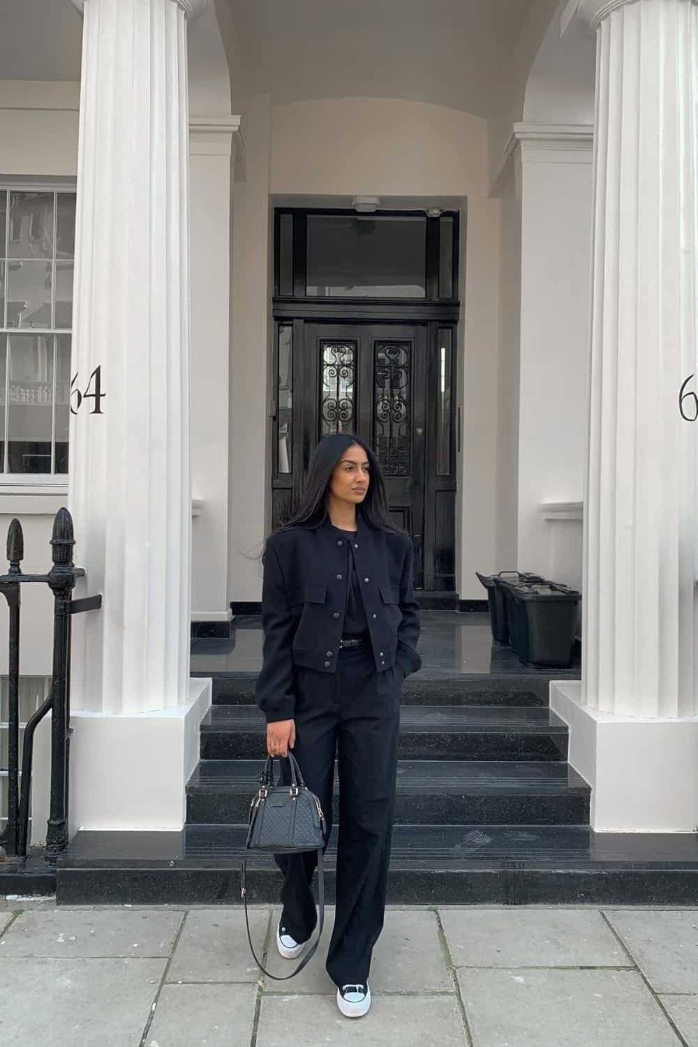 Bomber Jacket Outfit Ideas With Tailored Black Trousers