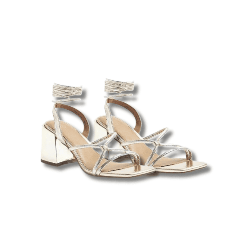 Gold Tie Up Block Heeled Sandals