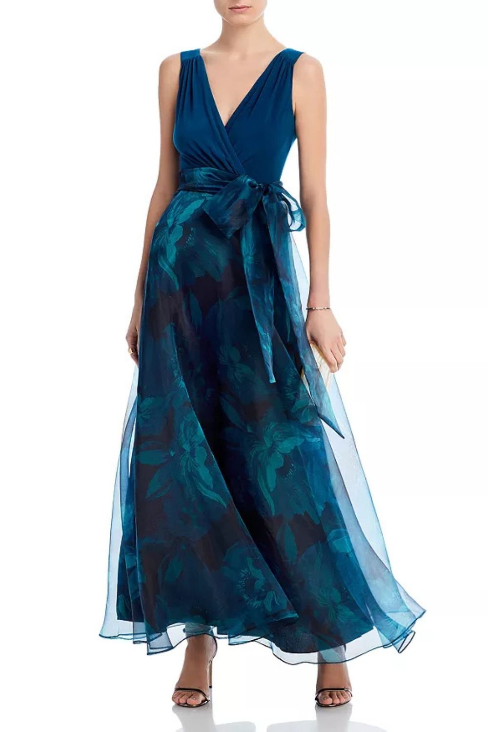 Eliza J Sleeveless Tie Waist Floral Chiffon Ball Gown