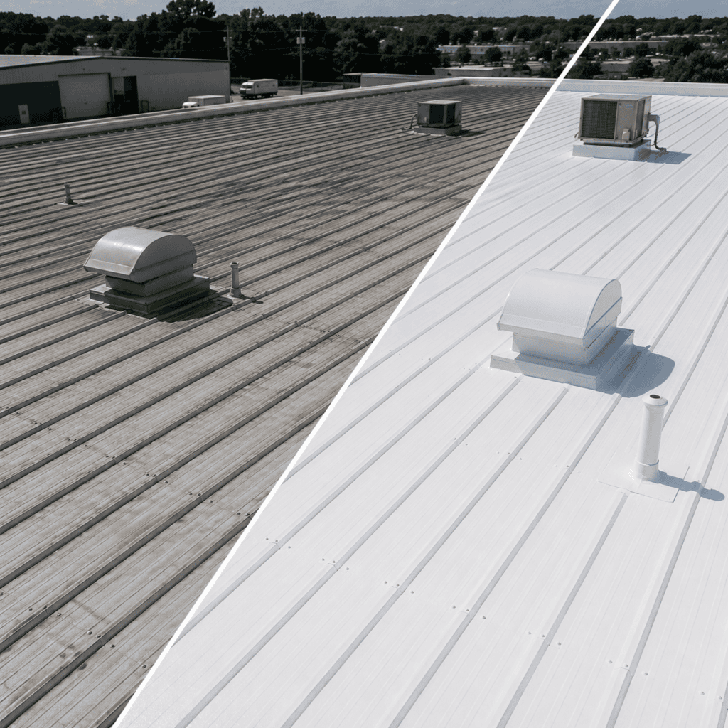 Metal roof before a restoration with acrylic coating