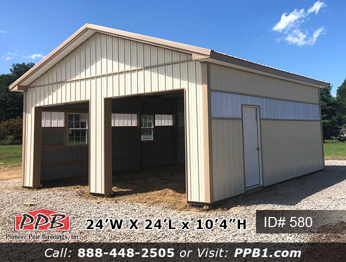 580 – Beige Two-Car Garage With Sidelights 24x24x10 3 Pole Building Dimensions: 24’ W x 24’ L x 10’ 4” H (ID# 580) Two-Car Garage with Sidelights 24’ Standard Trusses, 4’ on Center 4/12 Pitch Colors: Siding Color: Beige Roofing Color: Tan Trim Color: Tan